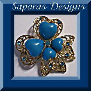 Gold Tone Heart / Bow Design Brooch With Blue Crystals & Blue Heart Beads